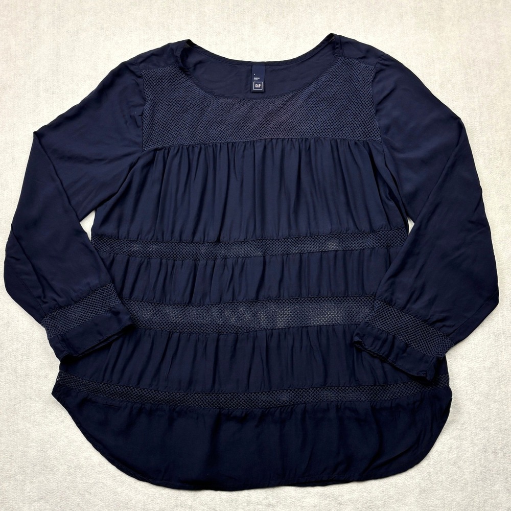 Gap Blouse Womens Large True Indigo Blue Long Sleeve Crochet Mesh Panel‎ Tunic L